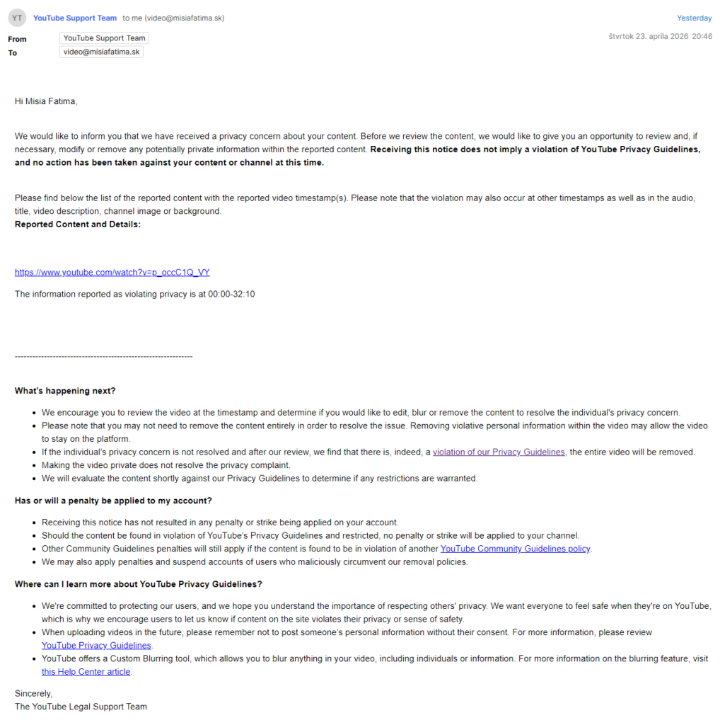 Email z YouTube Support Team, ktorý prišiel na oficiálny email Misie Fatima